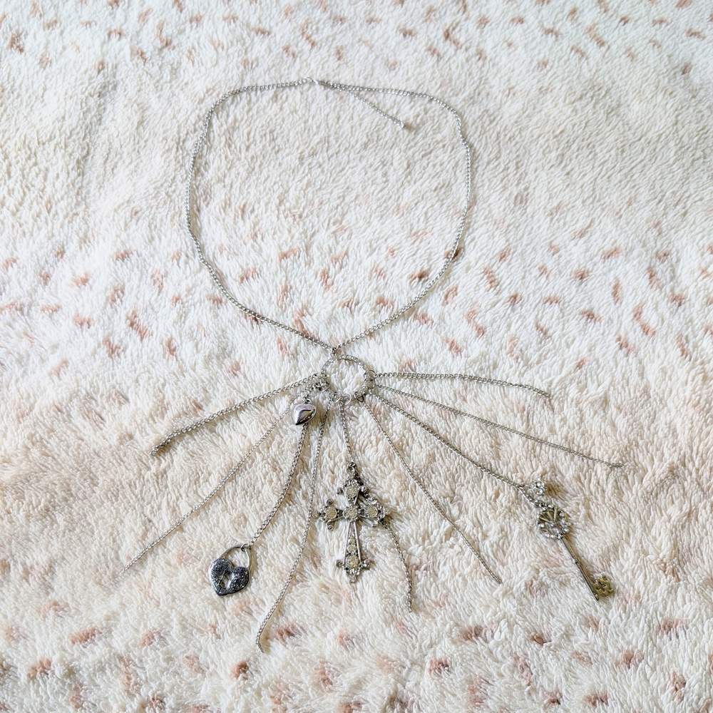 Silver Cross Key Lock Heart Rhinestone Necklace